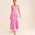 Radiant Rosé Ruffles Evening Dress – Front View