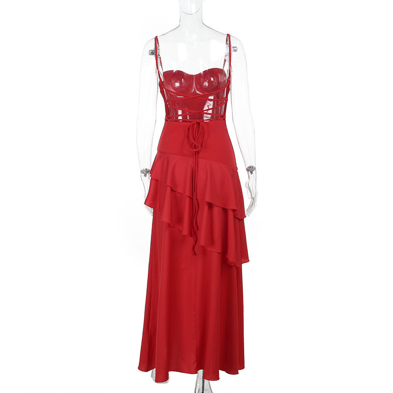 Graceful Rouge Cascade Evening Dress – Back View