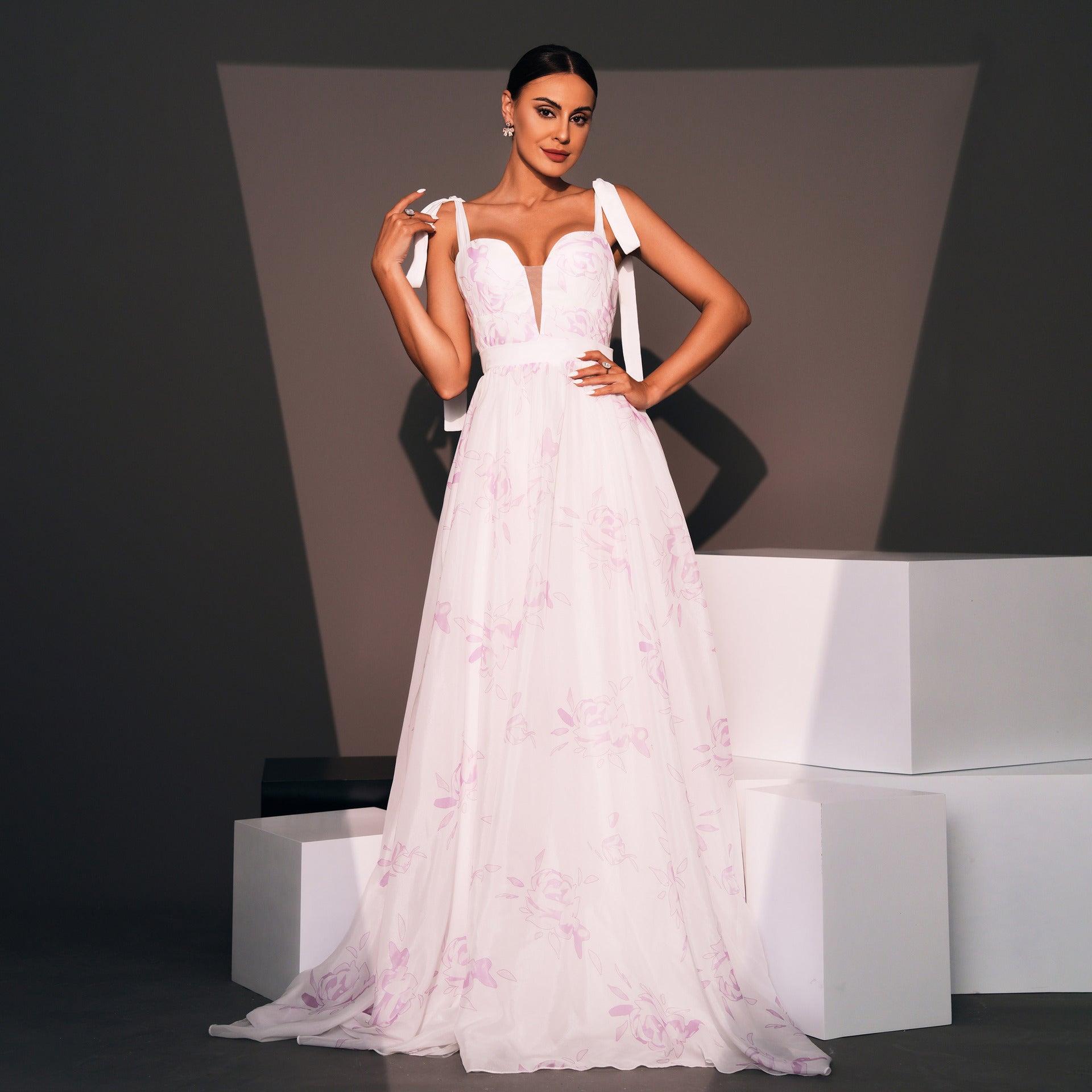 Chic Petal Mist Evening Dress – Flow Shot