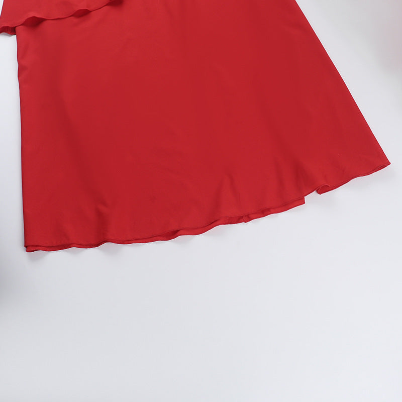 Graceful Rouge Cascade Evening Dress – Model View