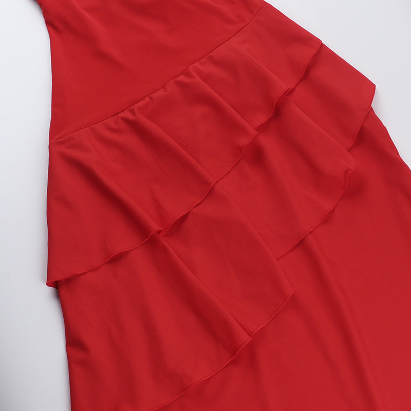 Graceful Rouge Cascade Evening Dress – Texture Detail