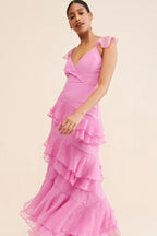 Radiant Rosé Ruffles Evening Dress – Back View