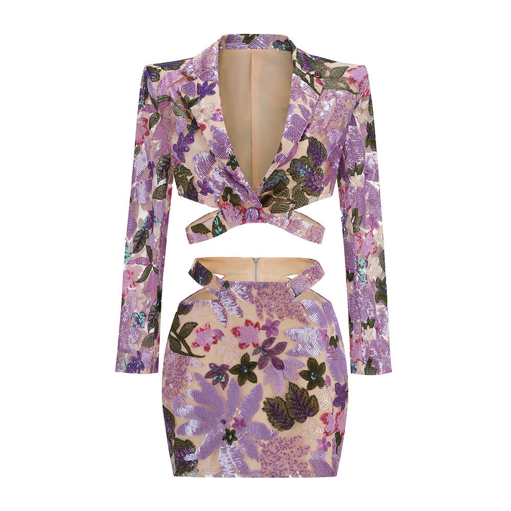 Sequin Floral Crop Blazer  Mini Skirt Set - View 7