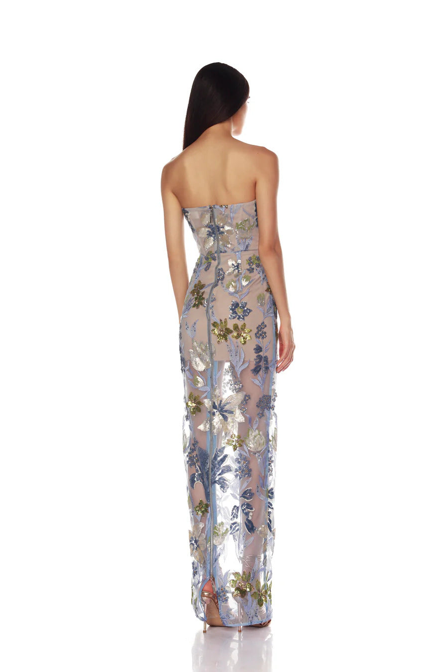 Strapless Floral Embroidered Sequin Evening Gown - View 13