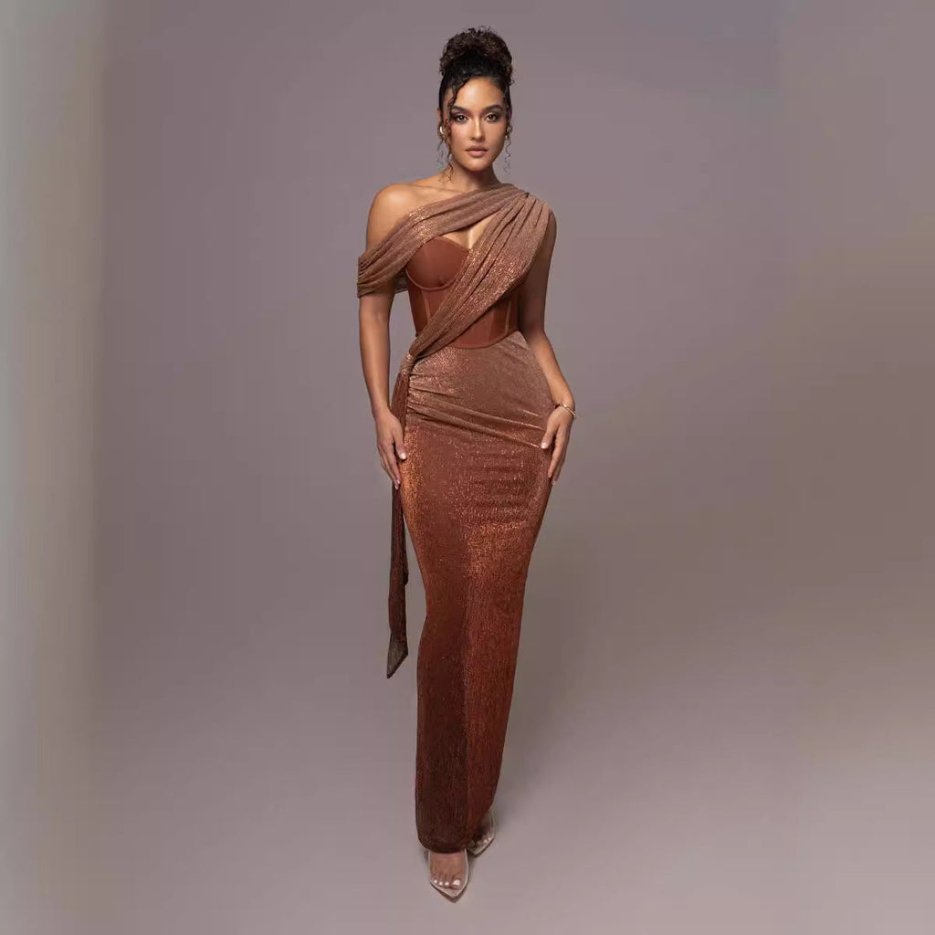 One-Shoulder Corset Bodycon Maxi Dress with Draped Shawl Detail - View 2
