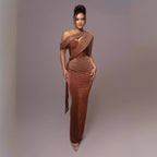 One-Shoulder Corset Bodycon Maxi Dress with Draped Shawl Detail - View 2