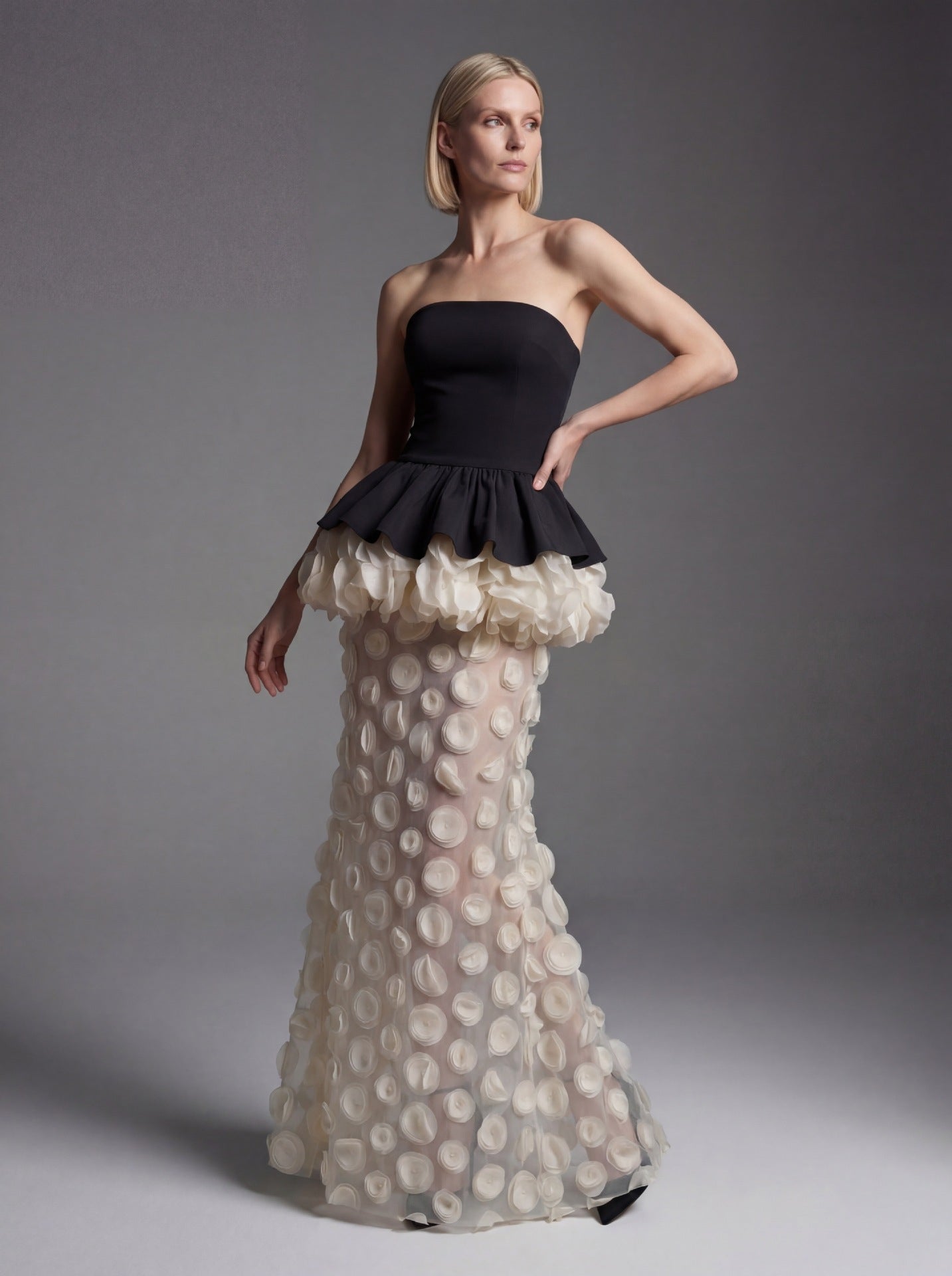 Strapless Peplum 3D Floral Maxi Dress - View 14