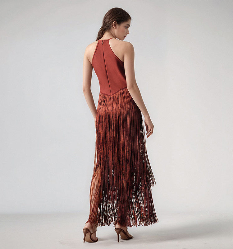Polished Midnight Fringe Evening Dress – Draped Look