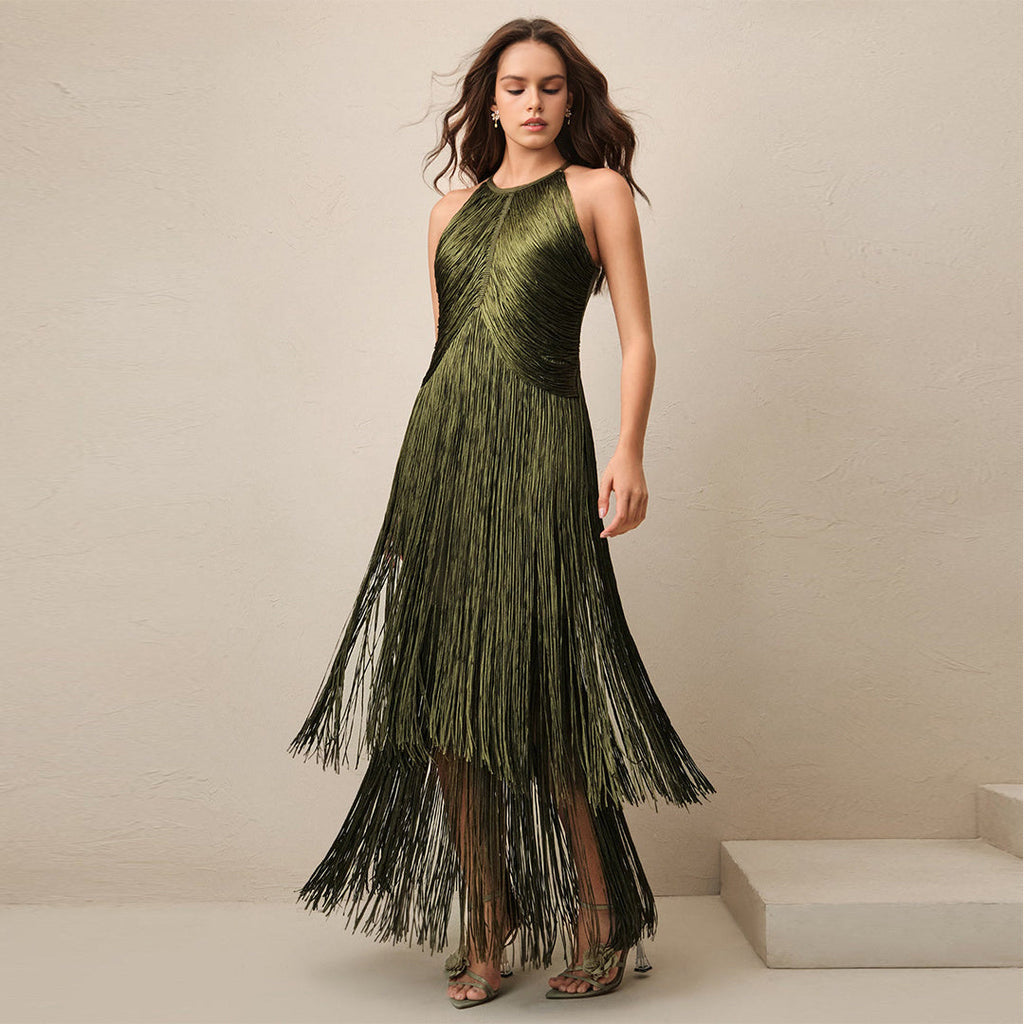 Polished Midnight Fringe Evening Dress – Front View