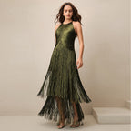 Polished Midnight Fringe Evening Dress – Front View