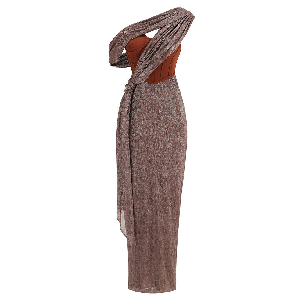 One-Shoulder Corset Bodycon Maxi Dress with Draped Shawl Detail - View 4