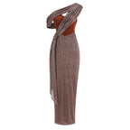 One-Shoulder Corset Bodycon Maxi Dress with Draped Shawl Detail - View 4