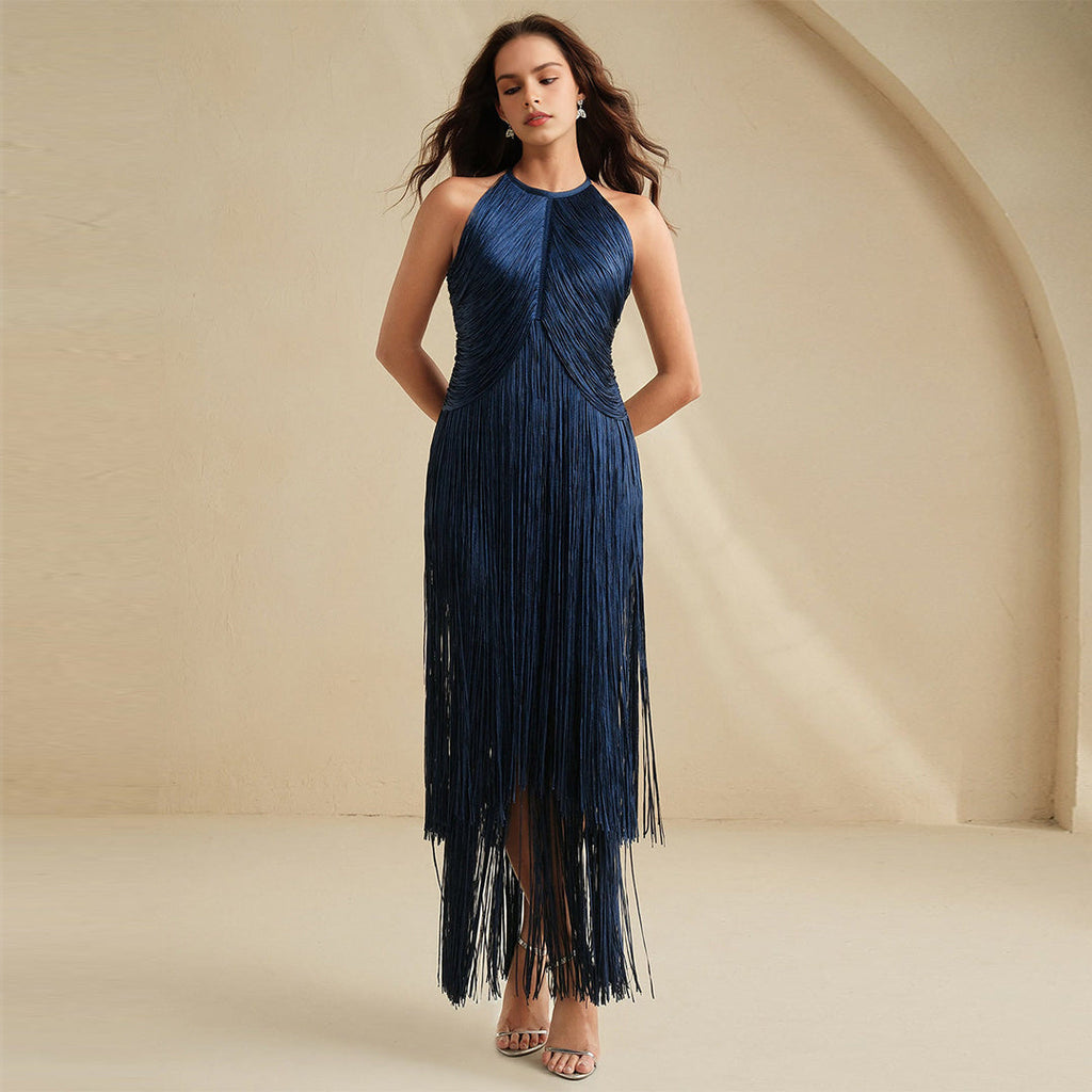 Polished Midnight Fringe Evening Dress – Side View