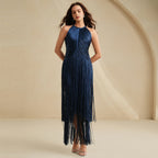 Polished Midnight Fringe Evening Dress – Side View