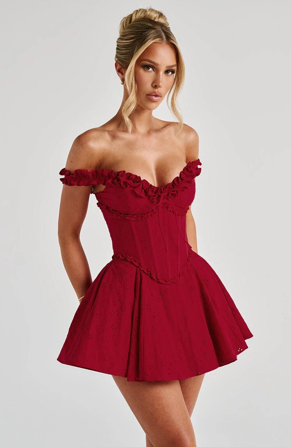 Captivating Bordeaux Bloom Cocktail Dress – Side View