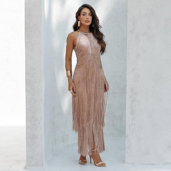 Polished Midnight Fringe Evening Dress – Texture Detail