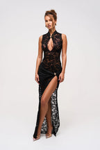 Enchanting Noir Decadence Evening Dress – Side View