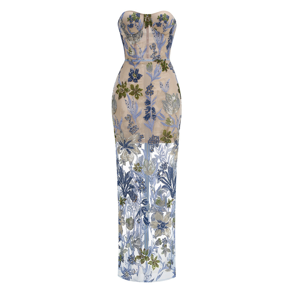 Strapless Floral Embroidered Sequin Evening Gown - View 8