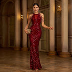 Chic Bordeaux Radiance Evening Dress – Full Length