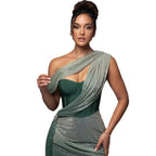 One-Shoulder Corset Bodycon Maxi Dress with Draped Shawl Detail - View 4