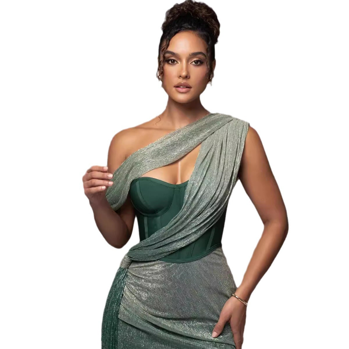 One-Shoulder Corset Bodycon Maxi Dress with Draped Shawl Detail - View 4