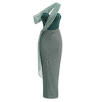 One-Shoulder Corset Bodycon Maxi Dress with Draped Shawl Detail - View 9