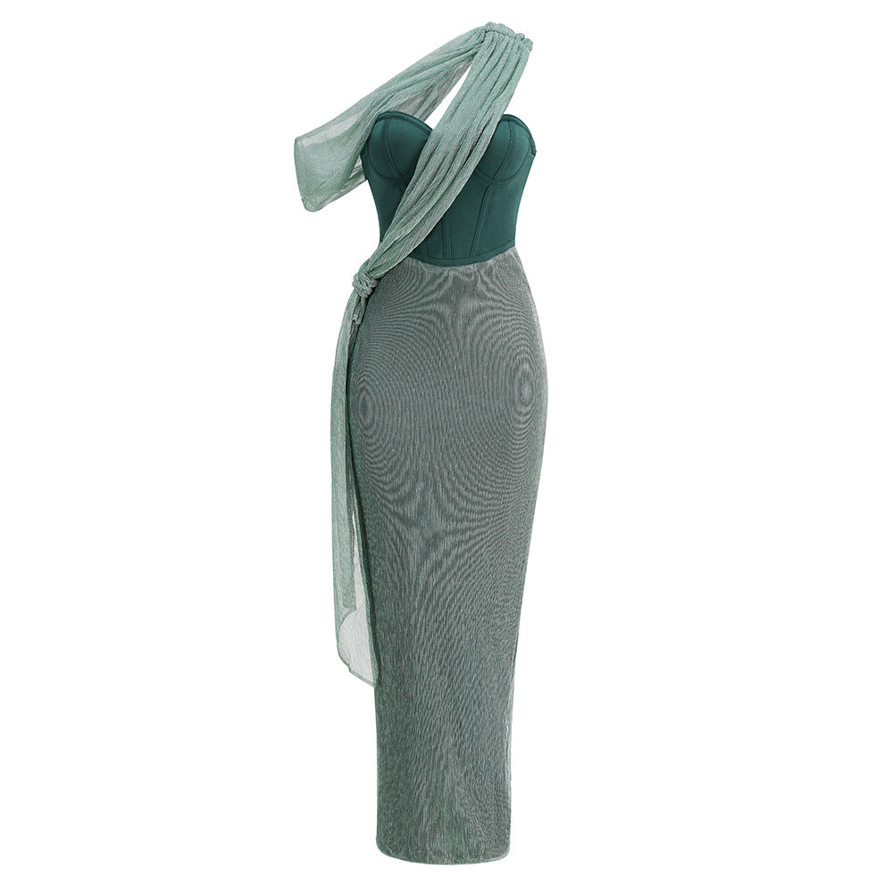 One-Shoulder Corset Bodycon Maxi Dress with Draped Shawl Detail - View 9