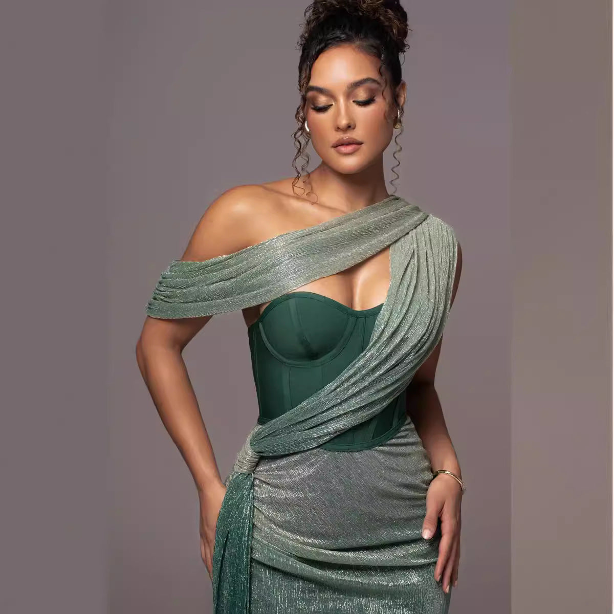 One-Shoulder Corset Bodycon Maxi Dress with Draped Shawl Detail
