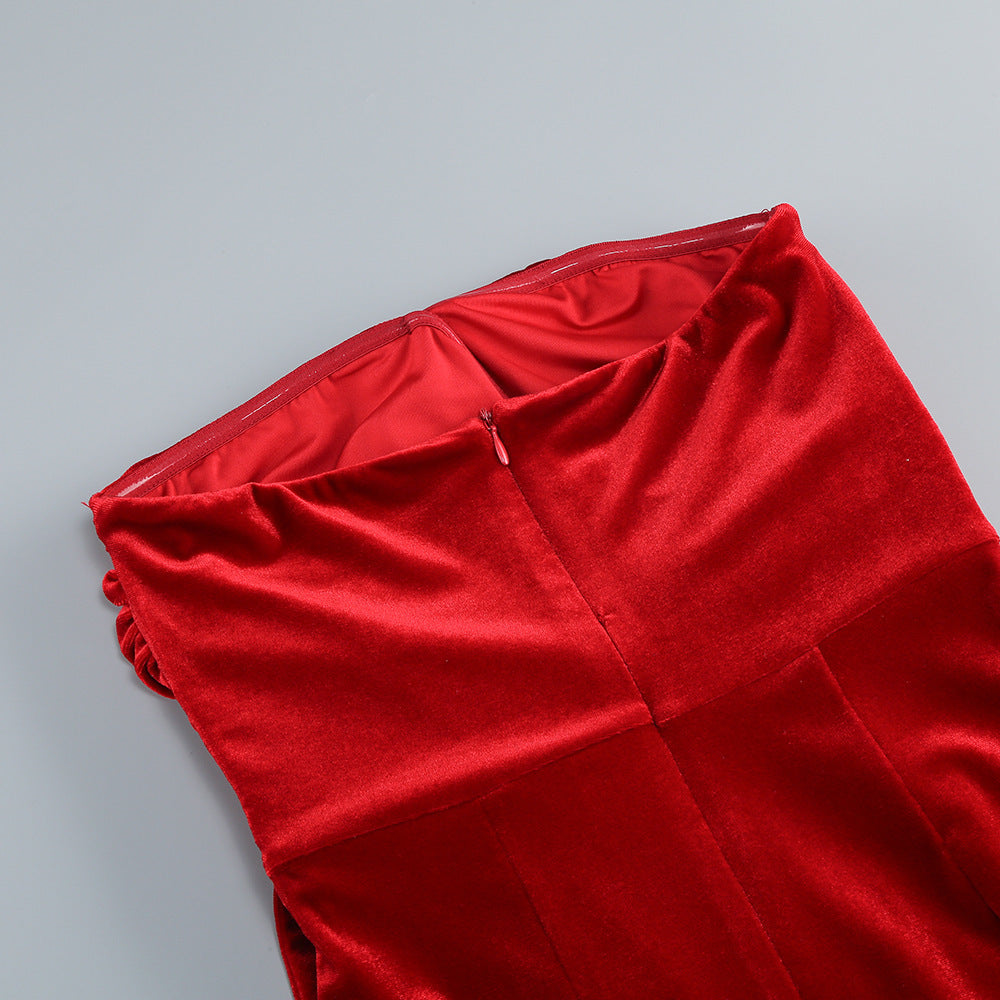 Sophisticated Velvet Whisper Evening Dress – Worn View