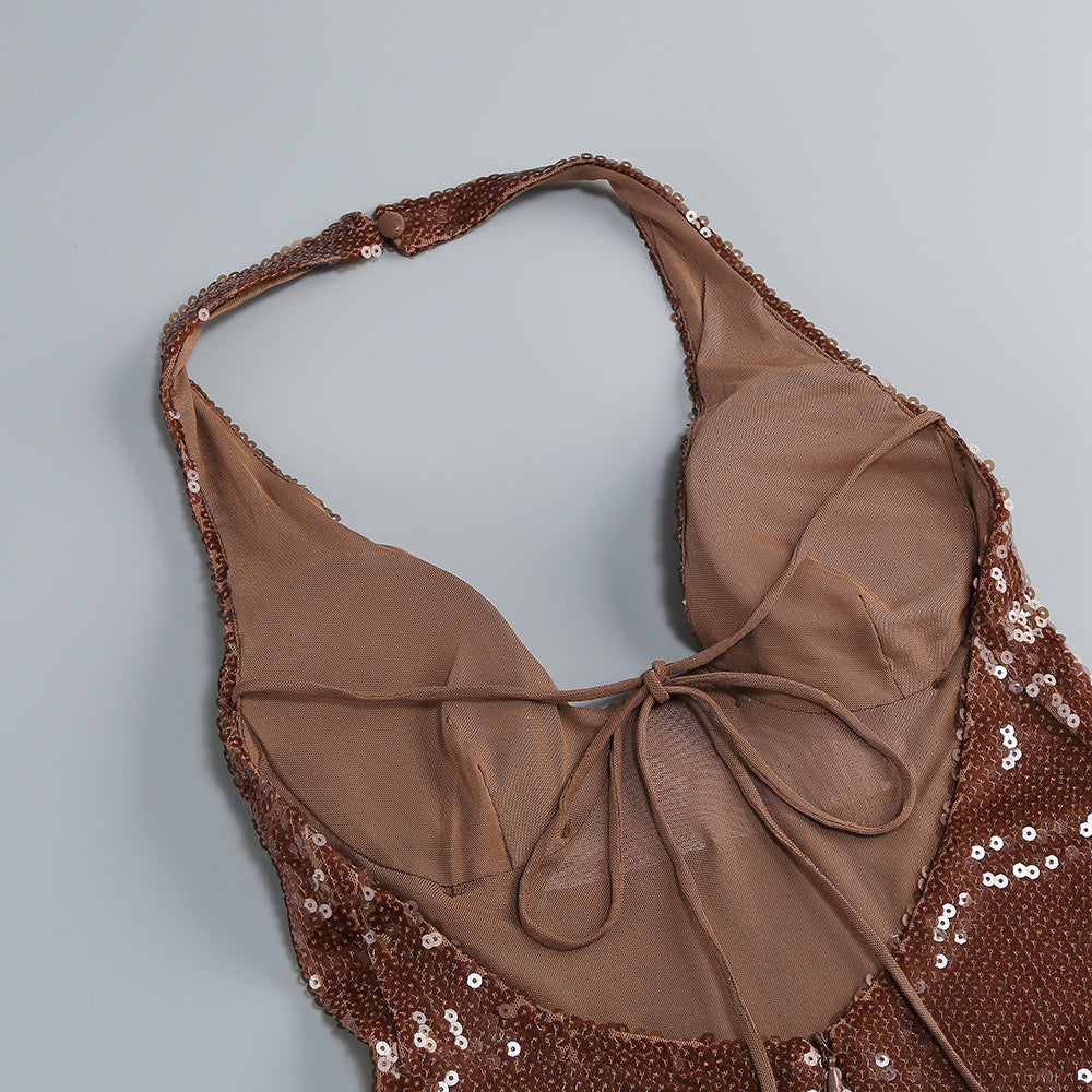 Captivating Cocoa Glow Evening Dress – Texture Detail